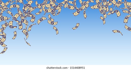 Chinese yuan notes falling. Floating CNY bills on blue sky background. China money. Eminent vector illustration. Comely jackpot, wealth or success concept.
