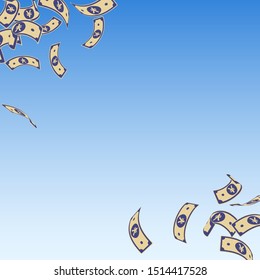 Chinese yuan notes falling. Floating CNY bills on blue sky background. China money. Ecstatic vector illustration. Elegant jackpot, wealth or success concept.