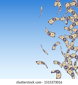 Chinese yuan notes falling. Floating CNY bills on blue sky background. China money. Ecstatic vector illustration. Memorable jackpot, wealth or success concept.