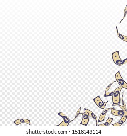 Chinese yuan notes falling. Floating CNY bills on transparent background. China money. Divine vector illustration. Fair jackpot, wealth or success concept.