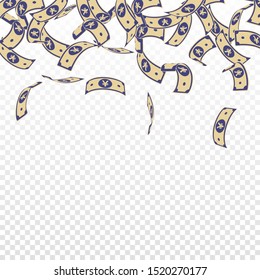 Chinese yuan notes falling. Floating CNY bills on transparent background. China money. Ecstatic vector illustration. Positive jackpot, wealth or success concept.