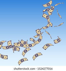 Chinese yuan notes falling. Floating CNY bills on blue sky background. China money. Divine vector illustration. Nice jackpot, wealth or success concept.