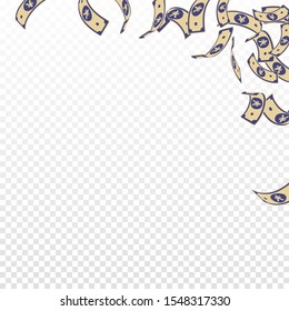 Chinese yuan notes falling. Floating CNY bills on transparent background. China money. Divine vector illustration. Graceful jackpot, wealth or success concept.