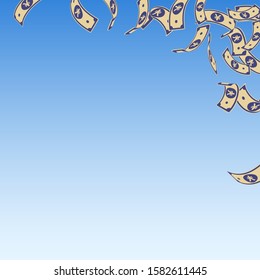 Chinese yuan notes falling. Floating CNY bills on blue sky background. China money. Divine vector illustration. Gorgeous jackpot, wealth or success concept.
