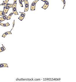 Chinese yuan notes falling. Floating CNY bills on white background. China money. Divine vector illustration. Eminent jackpot, wealth or success concept.