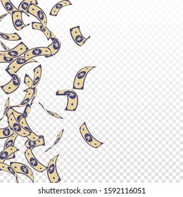 Chinese yuan notes falling. Floating CNY bills on transparent background. China money. Ecstatic vector illustration. Imaginative jackpot, wealth or success concept.