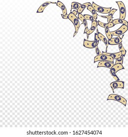 Chinese yuan notes falling. Floating CNY bills on transparent background. China money. Elegant vector illustration. Stylish jackpot, wealth or success concept.