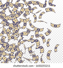 Chinese yuan notes falling. Floating CNY bills on transparent background. China money. Dramatic vector illustration. Fetching jackpot, wealth or success concept.