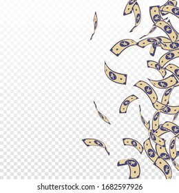 Billetes chinos caídos. Proyectos de ley flotantes de CNY sobre fondo transparente. Dinero chino. Ilustración vectorial extática. Pozo meárico, riqueza o concepto de éxito.