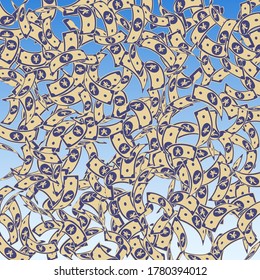Chinese yuan notes falling. Floating CNY bills on blue sky background. China money. Elegant vector illustration. Appealing jackpot, wealth or success concept.