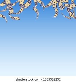 Chinese yuan notes falling. Floating CNY bills on blue sky background. China money. Divine vector illustration. Likable jackpot, wealth or success concept.