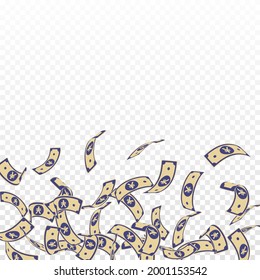 Chinese yuan notes falling. Floating CNY bills on transparent background. China money. Ecstatic vector illustration. Fancy jackpot, wealth or success concept.