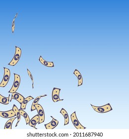 Billetes de yuan chinos cayendo. Cuentas flotantes de CNY sobre fondo azul del cielo. Dinero chino. Ilustración ectorial extática. Estiloso concepto de premio mayor, riqueza o éxito.