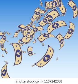 Chinese yuan notes falling. Messy CNY bills on blue sky background. China money. Dramatic vector illustration. Neat jackpot, wealth or success concept.
