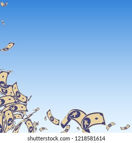 Chinese yuan notes falling. Messy CNY bills on blue sky background. China money. Divine vector illustration. Cool jackpot, wealth or success concept.