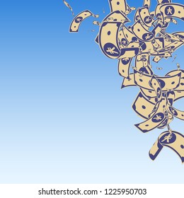 Chinese yuan notes falling. Messy CNY bills on blue sky background. China money. Elegant vector illustration. Superb jackpot, wealth or success concept.