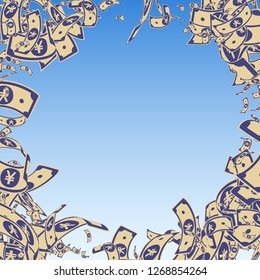 Chinese yuan notes falling. Messy CNY bills on blue sky background. China money. Dramatic vector illustration. Energetic jackpot, wealth or success concept.