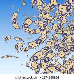 Chinese yuan notes falling. Messy CNY bills on blue sky background. China money. Dramatic vector illustration. Sublime jackpot, wealth or success concept.