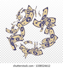 Chinese yuan notes falling. Messy CNY bills on transparent background. China money. Ecstatic vector illustration. Actual jackpot, wealth or success concept.