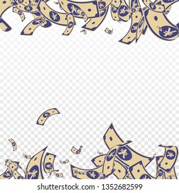 Chinese yuan notes falling. Messy CNY bills on transparent background. China money. Divine vector illustration. Radiant jackpot, wealth or success concept.