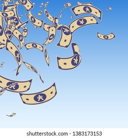 Chinese yuan notes falling. Messy CNY bills on blue sky background. China money. Elegant vector illustration. Cool jackpot, wealth or success concept.