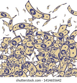 Chinese yuan notes falling. Messy CNY bills on white background. China money. Divine vector illustration. Symmetrical jackpot, wealth or success concept.