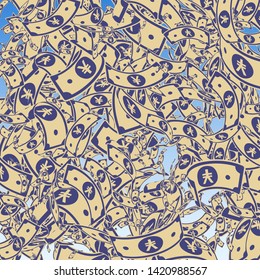Chinese yuan notes falling. Messy CNY bills on blue sky background. China money. Elegant vector illustration. Attractive jackpot, wealth or success concept.