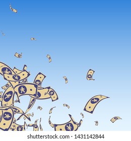 Chinese yuan notes falling. Messy CNY bills on blue sky background. China money. Ecstatic vector illustration. Surprising jackpot, wealth or success concept.