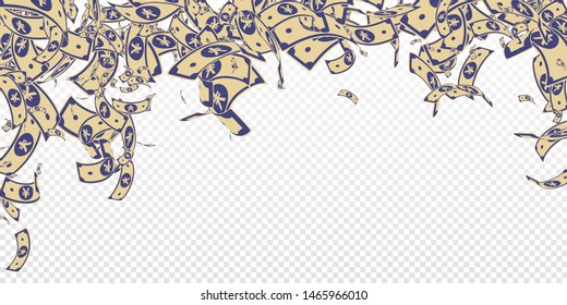Chinese yuan notes falling. Messy CNY bills on transparent background. China money. Eminent vector illustration. Cute jackpot, wealth or success concept.