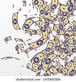 Chinese yuan notes falling. Messy CNY bills on transparent background. China money. Dramatic vector illustration. Superb jackpot, wealth or success concept.