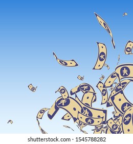 Chinese yuan notes falling. Messy CNY bills on blue sky background. China money. Ecstatic vector illustration. Wondrous jackpot, wealth or success concept.