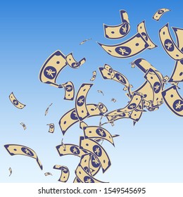 Chinese yuan notes falling. Messy CNY bills on blue sky background. China money. Dramatic vector illustration. Pretty jackpot, wealth or success concept.