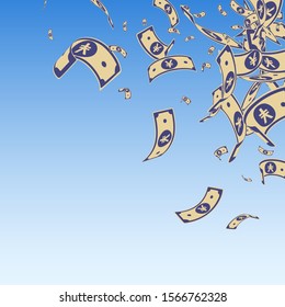 Chinese yuan notes falling. Messy CNY bills on blue sky background. China money. Elegant vector illustration. Emotional jackpot, wealth or success concept.