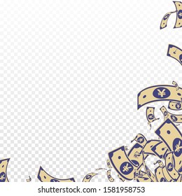 Chinese yuan notes falling. Messy CNY bills on transparent background. China money. Divine vector illustration. Fascinating jackpot, wealth or success concept.