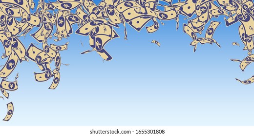 Chinese yuan notes falling. Messy CNY bills on blue sky background. China money. Eminent vector illustration. Curious jackpot, wealth or success concept.