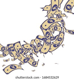 Billetes chinos caídos. Conmovedores proyectos de ley del CNY sobre fondo blanco. Dinero chino. Ilustración vectorial divina. Abrumador premio mayor, riqueza o concepto de éxito.