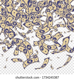 Chinesische Yuan-Noten fallen. Messy CNY Rechnungen auf transparentem Hintergrund. China-Geld. Elegante Vektorgrafik. Beeindruckender Jackpot, Reichtum oder Erfolgskonzept.