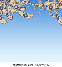 Chinese yuan notes falling. Messy CNY bills on blue sky background. China money. Divine vector illustration. Magnetic jackpot, wealth or success concept.