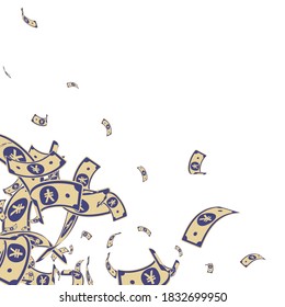 Chinese yuan notes falling. Messy CNY bills on white background. China money. Ecstatic vector illustration. Tempting jackpot, wealth or success concept.