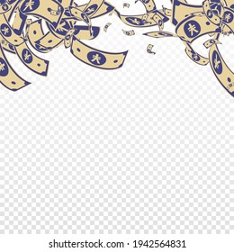 Chinese yuan notes falling. Messy CNY bills on transparent background. China money. Divine vector illustration. Magnificent jackpot, wealth or success concept.