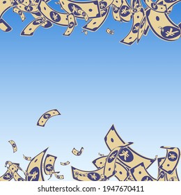 Chinese yuan notes falling. Messy CNY bills on blue sky background. China money. Divine vector illustration. Quaint jackpot, wealth or success concept.