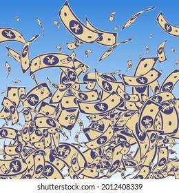 Chinese yuan notes falling. Messy CNY bills on blue sky background. China money. Divine vector illustration. Superb jackpot, wealth or success concept.