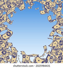 Chinese yuan notes falling. Messy CNY bills on blue sky background. China money. Ecstatic vector illustration. Authentic jackpot, wealth or success concept.