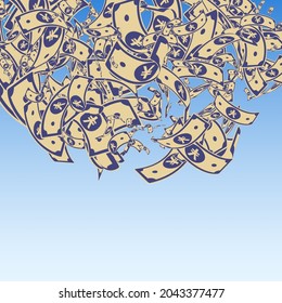 Chinese yuan notes falling. Messy CNY bills on blue sky background. China money. Eminent vector illustration. Actual jackpot, wealth or success concept.