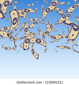 Chinese yuan notes falling. Random CNY bills on blue sky background. China money. Elegant vector illustration. Nice jackpot, wealth or success concept.