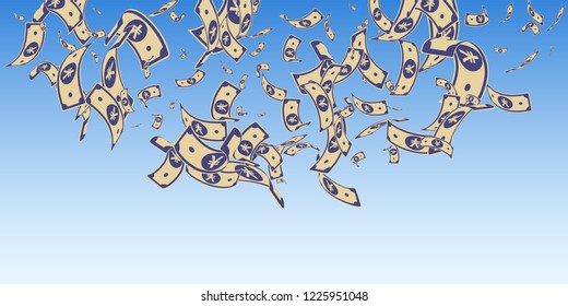 Chinese yuan notes falling. Random CNY bills on blue sky background. China money. Eminent vector illustration. Exotic jackpot, wealth or success concept.