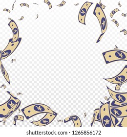 Chinese yuan notes falling. Random CNY bills on transparent background. China money. Ecstatic vector illustration. Bewitching jackpot, wealth or success concept.