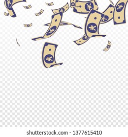 Chinese yuan notes falling. Random CNY bills on transparent background. China money. Ecstatic vector illustration. Rare jackpot, wealth or success concept.