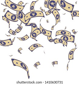 Chinese yuan notes falling. Random CNY bills on white background. China money. Elegant vector illustration. Juicy jackpot, wealth or success concept.