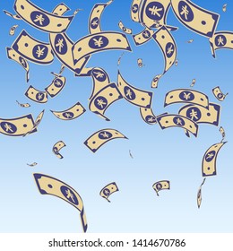 Chinese yuan notes falling. Random CNY bills on blue sky background. China money. Elegant vector illustration. Indelible jackpot, wealth or success concept.
